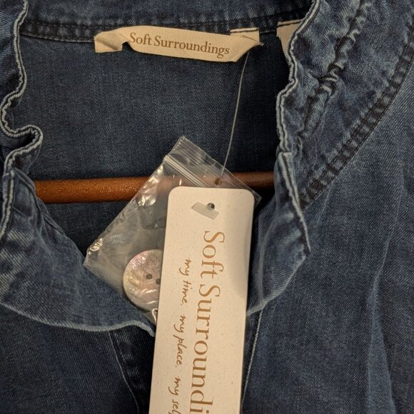 Soft Surroundings Women 2X Tencel Denim Button-Up Shirt Ruffle Collar Split Cuff - Picture 8 of 14